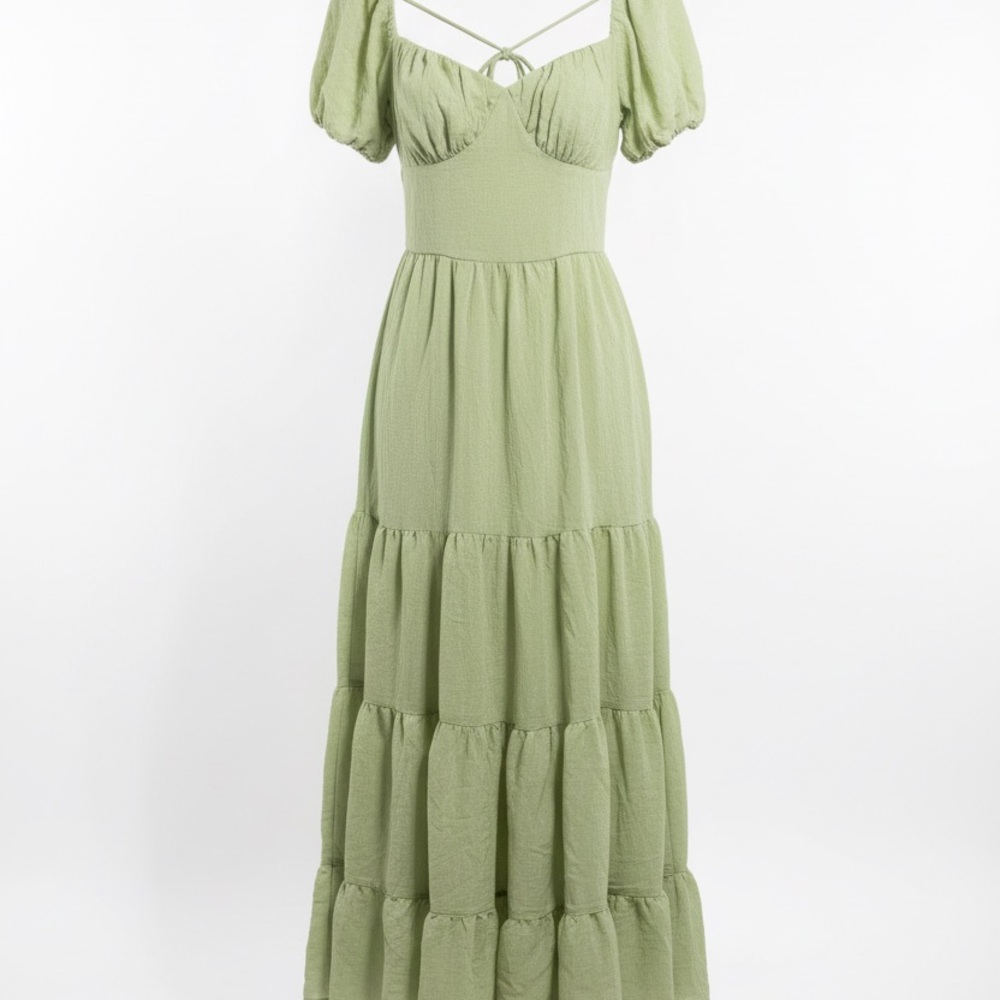Princess Polly Light Sage Puff-Sleeve Tiered Maxi Dress